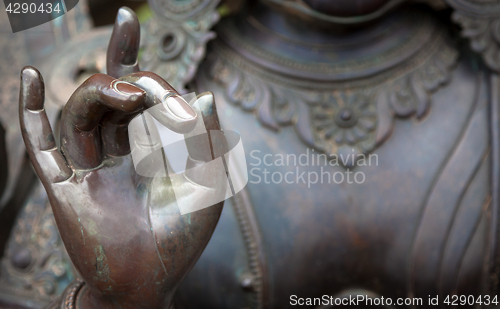 Image of Detail of Buddha statue with Karana mudra hand position