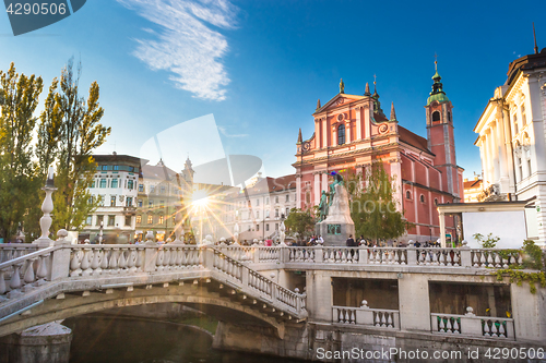 Image of Preseren square and Franciscan Church of the Annunciation, Ljubljana, Slovenia, Europe.