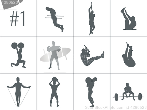 Image of Vector silhouettes of people doing fitness and crossfit workouts