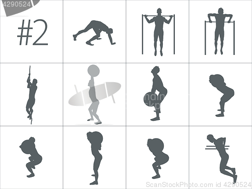 Image of Vector silhouettes of people doing fitness and crossfit workouts