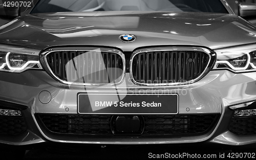 Image of New modern BMW sedan 5 series elegant car front view