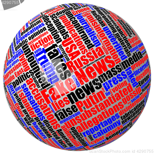 Image of Three-dimensional ball with colored fake news tag word cloud