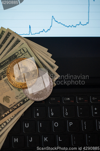 Image of Bitcoin coins with dollars