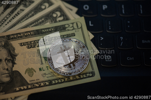 Image of Bitcoin coin with dollars