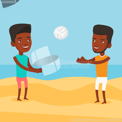 Image of Two men playing beach volleyball.