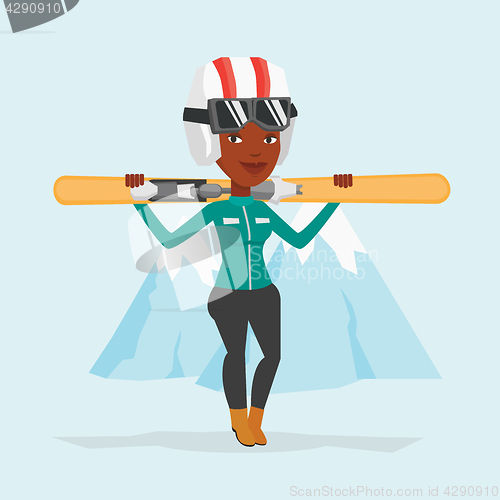 Image of Woman holding skis vector illustration.