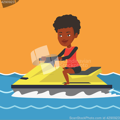 Image of African woman training on jet ski in the sea.