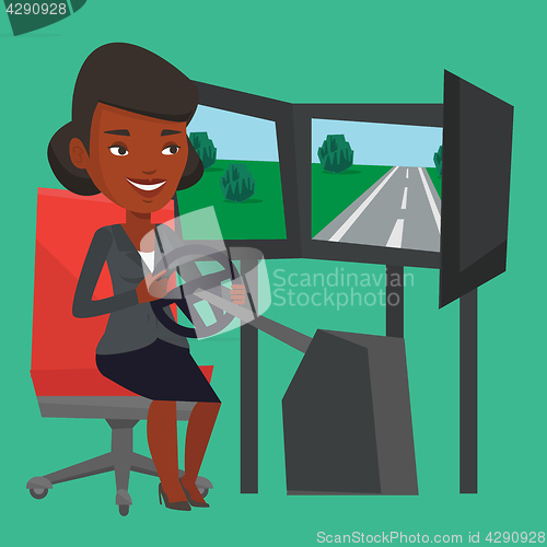 Image of Woman playing video game with gaming wheel.
