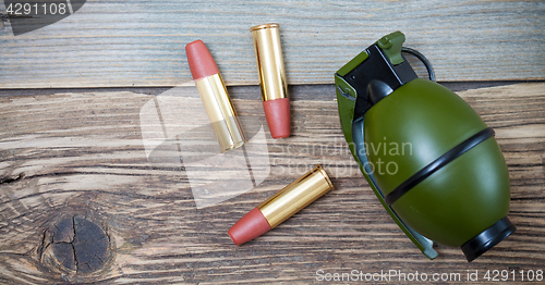 Image of ammunition. cartridges and grenade