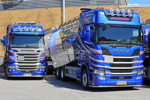 Image of Two Blue Scania R Series Tank Trucks 