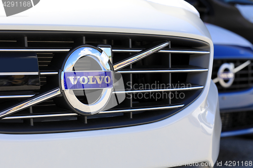 Image of Sign Volvo on the Grille of a New Car