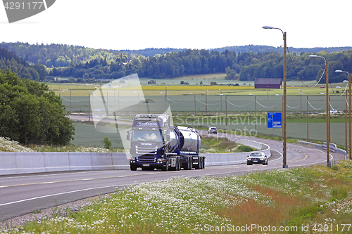 Image of Purple Scania Tank Truck Trucking at Summer