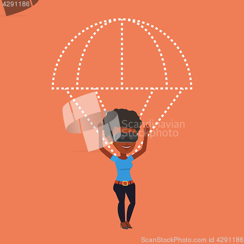 Image of Happy woman in vr headset flying with parachute.