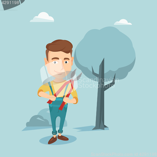 Image of Farmer with pruner in garden vector illustration.