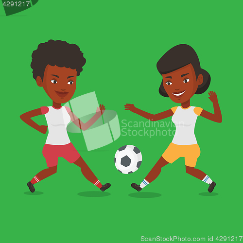 Image of Two female soccer players fighting for ball.