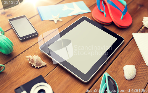 Image of close up of tablet pc and travel stuff