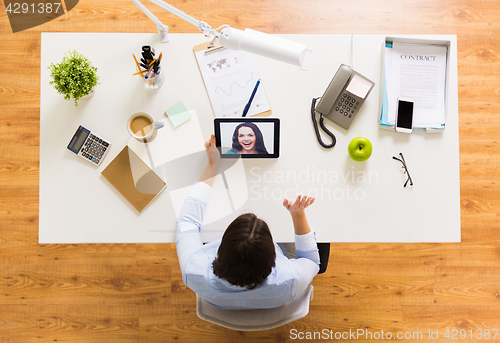 Image of hands of businesswoman with tablet pc at office