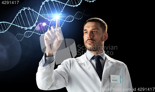 Image of doctor or scientist in white coat with dna