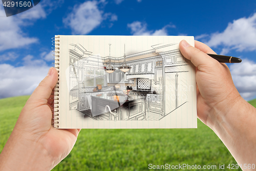 Image of Male Hands Holding Pen and Pad of Paper Up with Custom Kitchen I