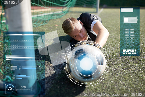 Image of goalkeeper with ball at football goal on field