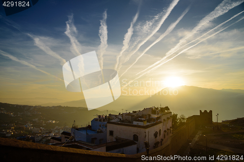 Image of Sunset in Chefchaouen, the blue city in the Morocco.