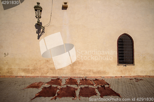 Image of Leather drying in a Moroccan tannery