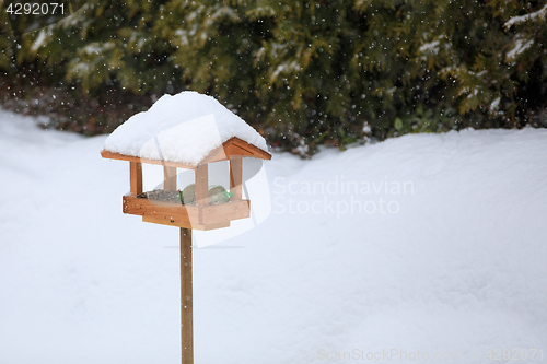 Image of simple bird feeder in winter garden