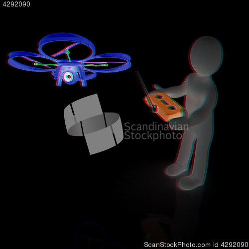 Image of 3d man with drone, quadrocopter, with photo camera. 3d render. 3