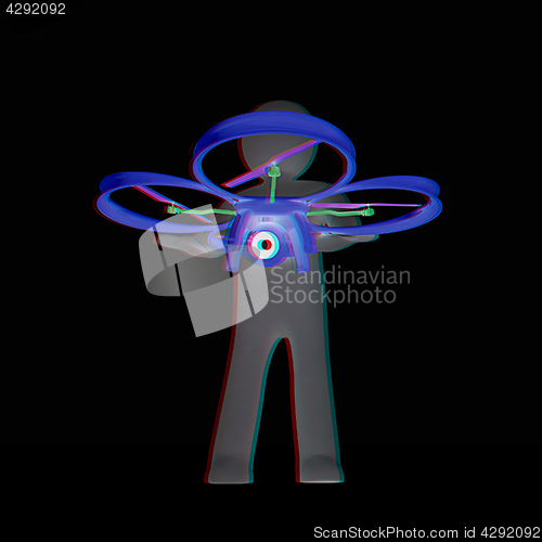 Image of 3d man with drone, quadrocopter, with photo camera. 3d render. 3