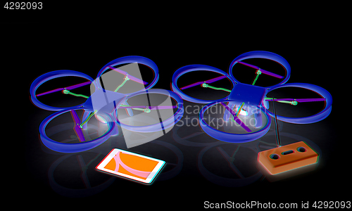 Image of Drone, remote controller and tablet PC. Anaglyph. View with red/