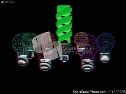Image of energy-saving lamps. 3D illustration. Anaglyph. View with red/cy
