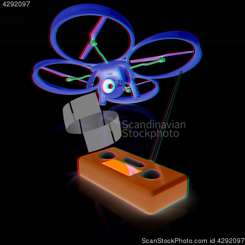 Image of Drone with remote controller. Anaglyph. View with red/cyan glass