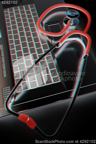 Image of silver laptop diagnosis with stethoscope. 3D illustration. Anagl