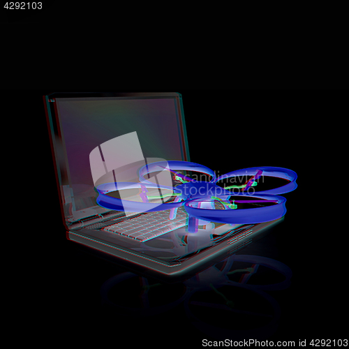 Image of Drone and laptop. 3D render. Anaglyph. View with red/cyan glasse