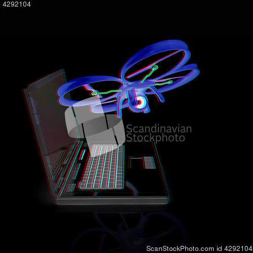 Image of Drone and laptop. 3D render. Anaglyph. View with red/cyan glasse