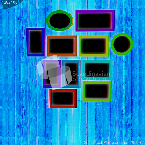 Image of Mock up picture frames on wood wall. 3d illustration. Anaglyph. 