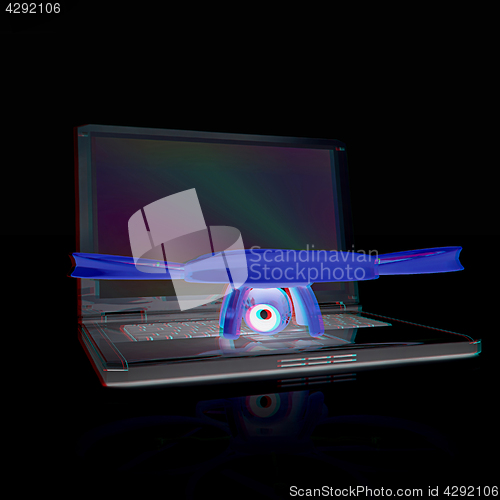 Image of Drone and laptop. 3D render. Anaglyph. View with red/cyan glasse