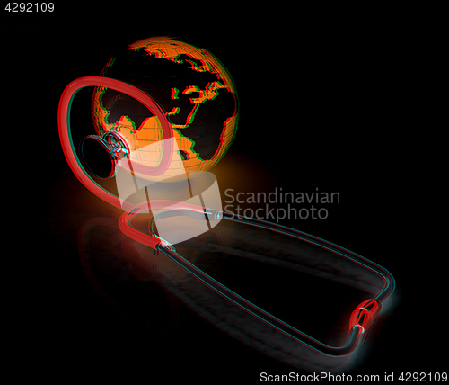 Image of stethoscope and globe.3d illustration. Anaglyph. View with red/c