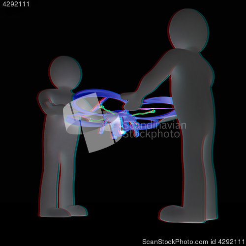 Image of 3d man with drone, quadrocopter, with photo camera. 3d render. 3