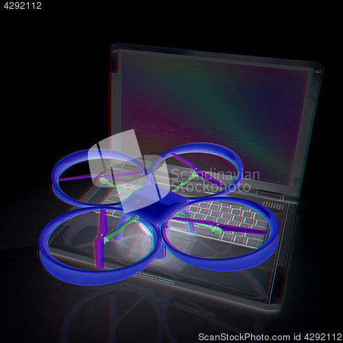 Image of Drone and laptop. 3D render. Anaglyph. View with red/cyan glasse