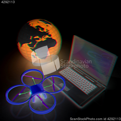 Image of Drone or quadrocopter with camera with laptop. Network, online, 