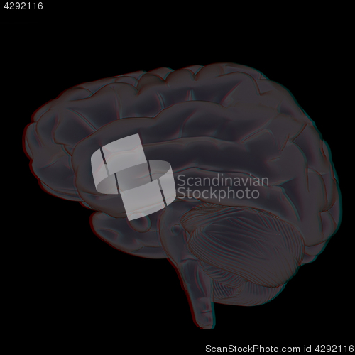 Image of 3D illustration of human brain. Anaglyph. View with red/cyan gla