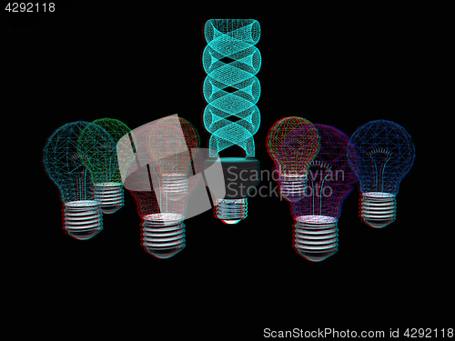 Image of energy-saving lamps. 3D illustration. Anaglyph. View with red/cy