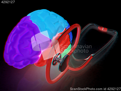 Image of stethoscope and brain. 3d illustration. Anaglyph. View with red/