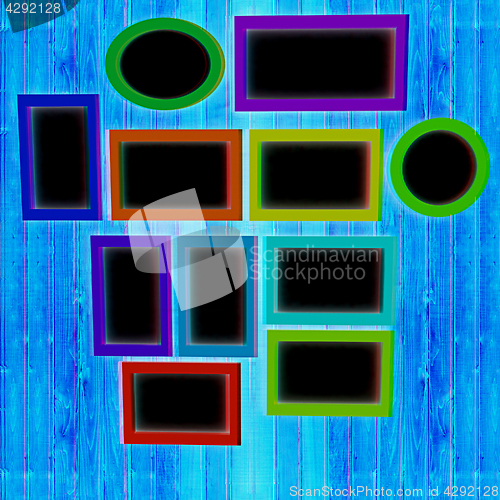 Image of Mock up picture frames on wood wall. 3d illustration. Anaglyph. 