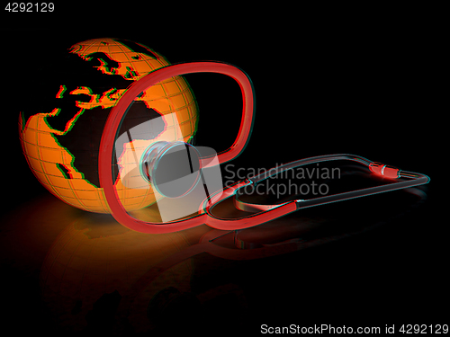 Image of stethoscope and globe.3d illustration. Anaglyph. View with red/c