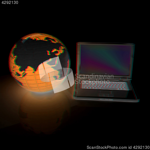 Image of Laptop and Earth. 3d illustration. Anaglyph. View with red/cyan 