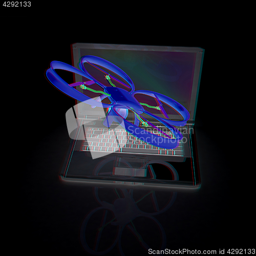 Image of Drone and laptop. 3D render. Anaglyph. View with red/cyan glasse