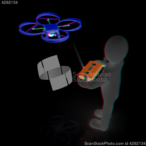 Image of 3d man with drone, quadrocopter, with photo camera. 3d render. 3