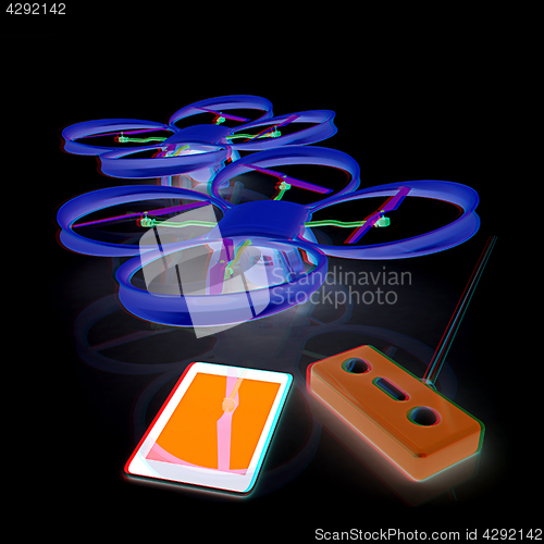 Image of Drone, remote controller and tablet PC. Anaglyph. View with red/